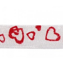 Ruban  ORGANDI imprimé Coeurs Rouges sur fond Blanc Bobine : Largeur 0.10 cm - Longueur 10 m