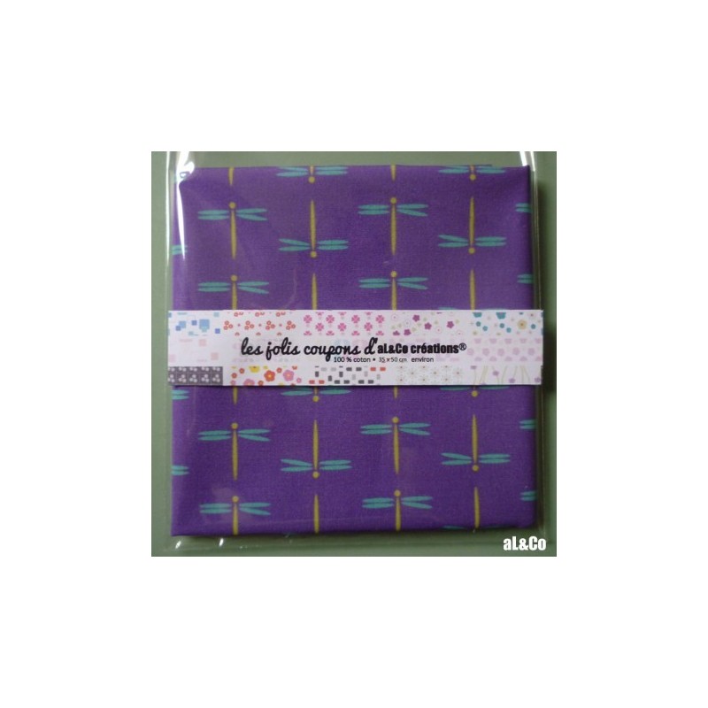 Tissu Coton Bio collection Al&Co "Libellules" fond violet 35x50 cm