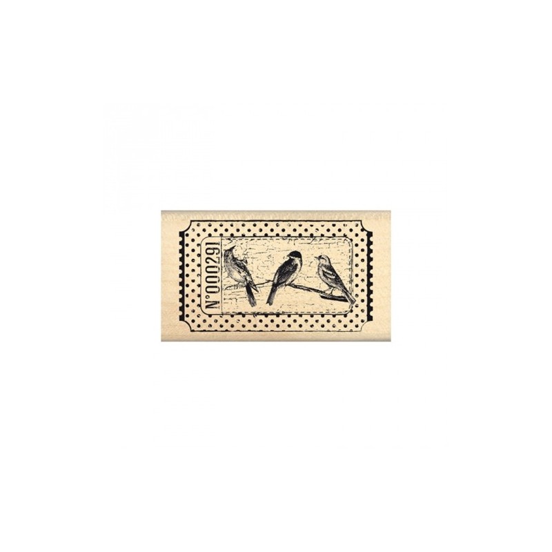 Tampon Bois, impression rectangle avec fond pois, forme : timbre et oiseau