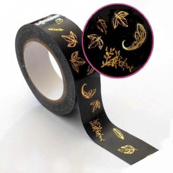 Ruban adhésif décoratif Masking Tape  Fond Noir Feuilles métallisées dorées - 15mm x 10 m
