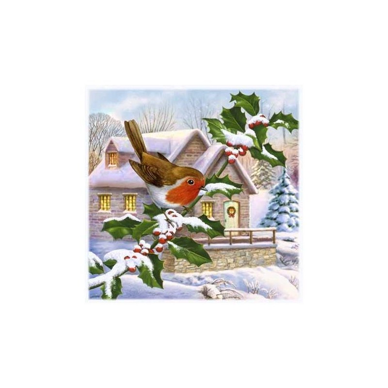 Image 3 D  Paysage Hiver"Branche de Houx & Oiseau"  30 x 30 cm (vendue à l'unité) pour tableau selon technique du 3D