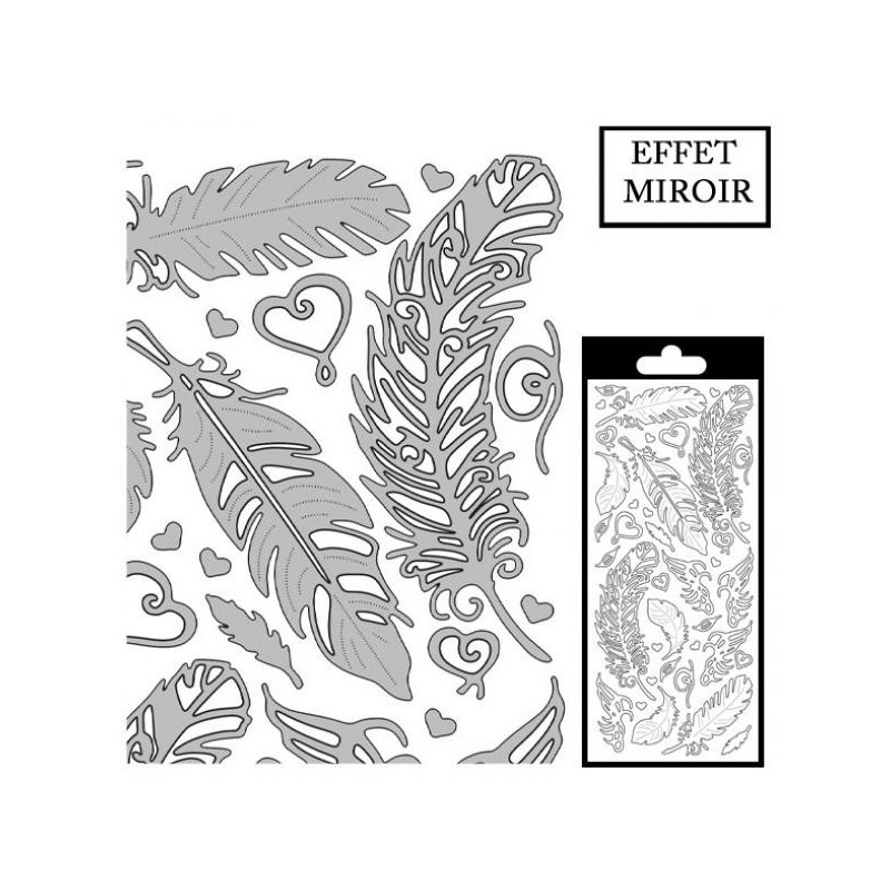 Planche Stickers  Plumes Argentées  fond Brillant argenté, Effet Miroir (10 cm x 23 cm)
