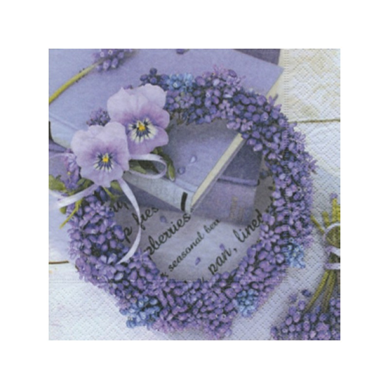 Serviette en papier motifs "Couronne de fleurs mauve Blue Wreath"   (vendue à l'unité)  33 x 33cm