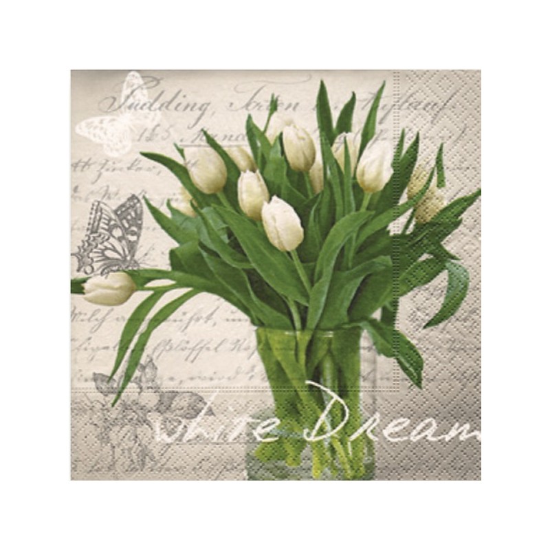 Serviette en papier Tulipes Blanches white Dream,  à l'unité 33x33cm