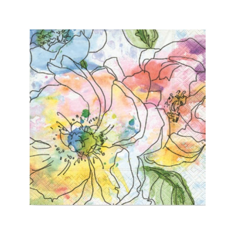 Serviette en papier motifs Fleurs Dessin Aquarelle pastel  (vendue à l'unité,  30 x 30 cm)