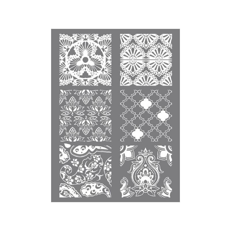 Tapis Pochoir à relief silk Screen HINDOU pour impression de motifs sur pâte polymère  (11.4 x 15.3 cm, 6 motifs différents)