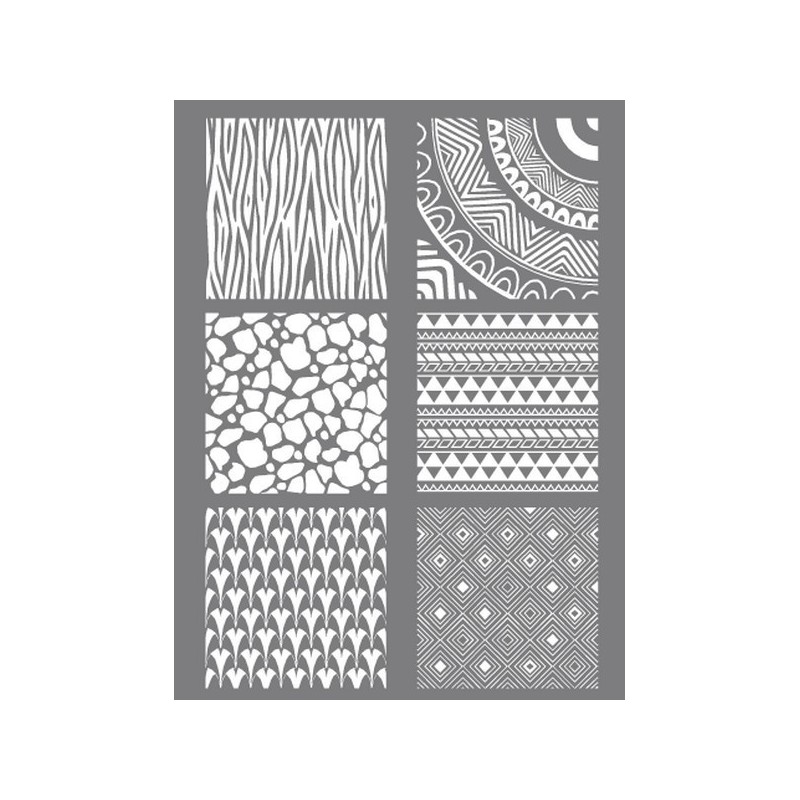 Tapis Pochoir à relief Silk Screen ETHNIQUE pour impression de motifs sur pâte polymère  (11.4 x 15.3 cm, 6 motifs différents)