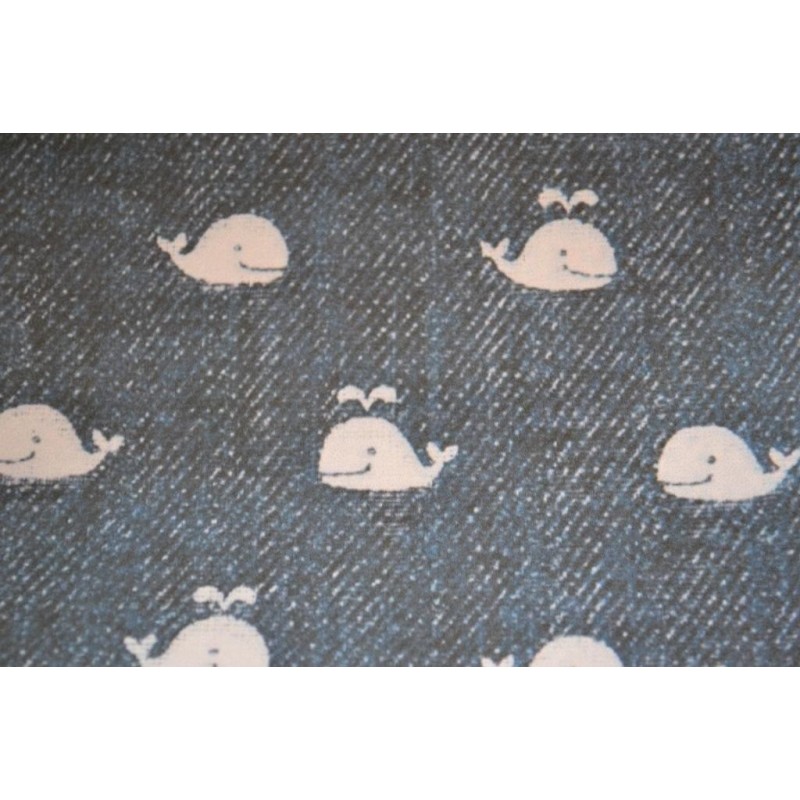 Tissu imprimé "Baleine" imitation Jean (l: 110 cm vendu par 10 cm) 100% coton