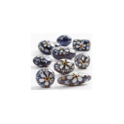 Perles en verre forme longue fleuries fond gris Peintes à la main (sachet : 2 pièces)