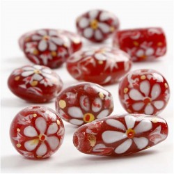 Perles en verre forme ronde plate fleuries fond rouge Peintes à la main (sachet : 2 pièces)