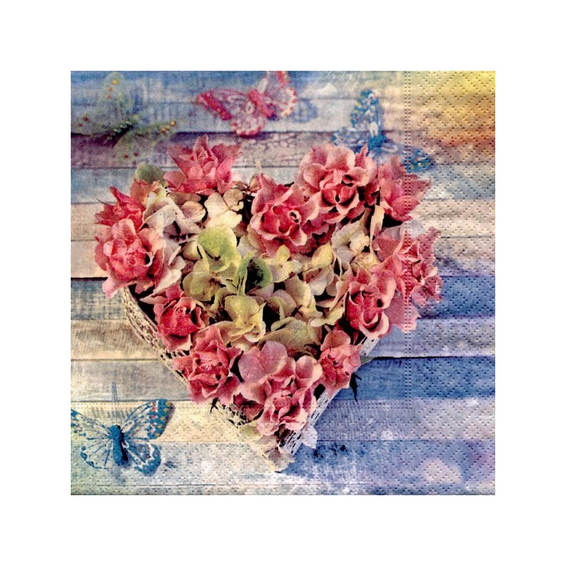 Serviette en papier motifs Coeur Végétal Roses  (vendue à l'unité,  30 x 30 cm)