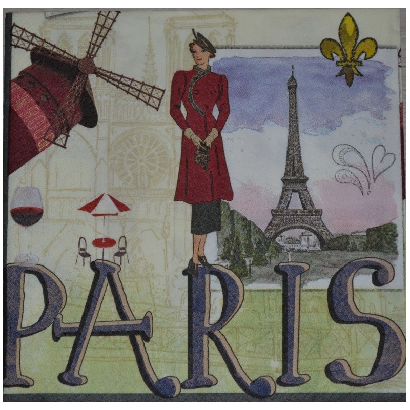 Serviette en papier motifs Souvenirs de Paris  (vendue à l'unité,  30 x 30 cm)