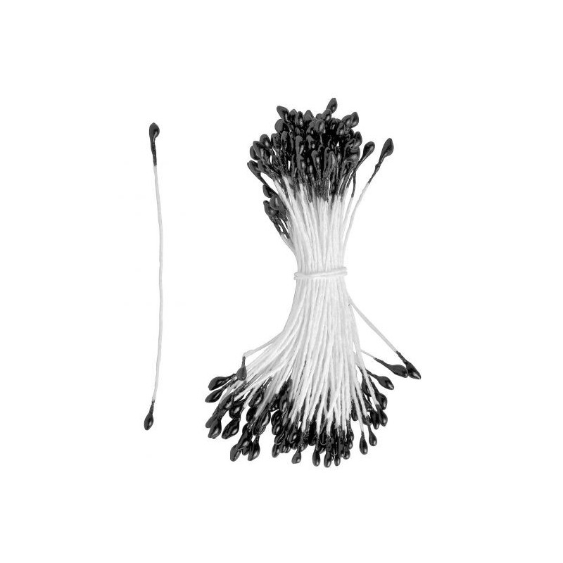 Pistils de fleur, tête noire, tige blanche, lot de 25 pour création de fleurs (environ 40 pistils), 6 cm