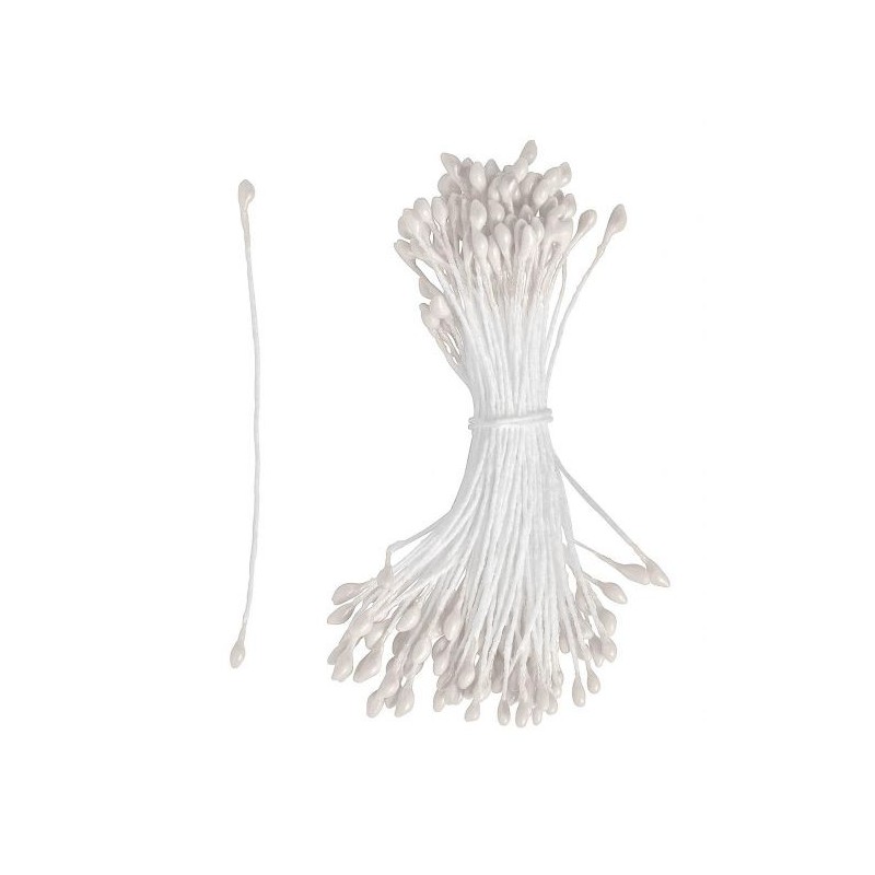 Pistils de fleur, tête blanche apparence perlée, tige blanche, lot de 25 pour création de fleurs (environ 40 pistils), 6 cm