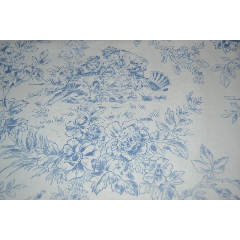 Tissu style Toile de Jouy bleu  Coupon 2m x 1,10 m