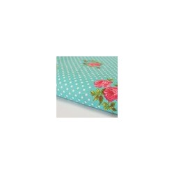 Coupon Tissu 100 % coton à pois et fleurs roses fond bleu turquoise et pois blanc Coupon 1,45m x 1 m