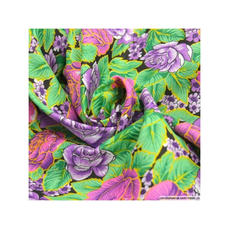 Tissu Polycoton imprimé fleurs roses et violettes, vendu par 0,10 cm