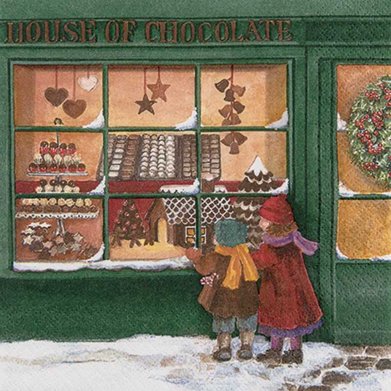 Serviette en papier vitrine chocolat enfant Noël Vintage vendue à l'unité  30 x 30 cm