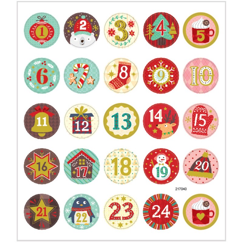 Planche stickers chiffres NOEL calendrier Avent 15x16,5 cm 25 pièces
