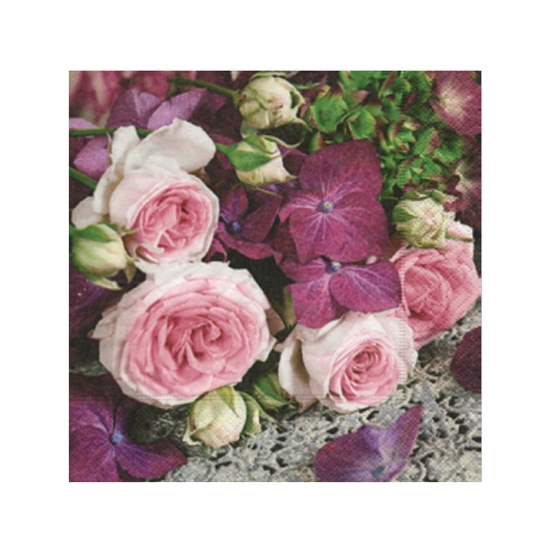 Serviette en papier Bouquet Roses Bougainvilier 30x30cm à l'unité