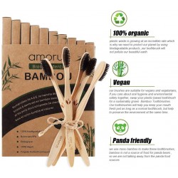 Brosse à dent Bambou, Poils Doux Ergonomique, Vegan en Fibre de Charbon Végétal