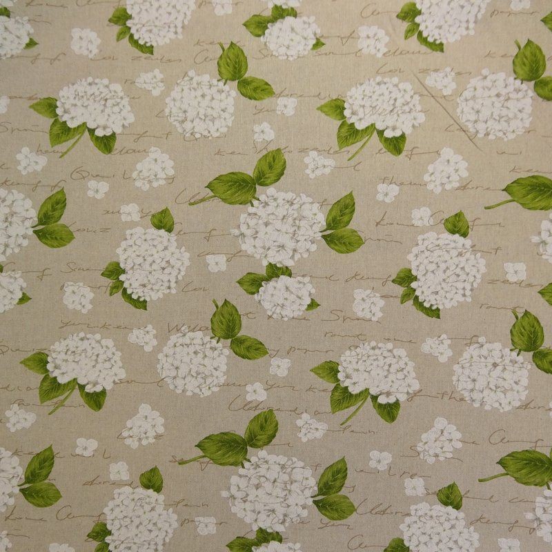 Tissu Toile Coton écru Fleurs Hortensias blanc, vendu par 10cm