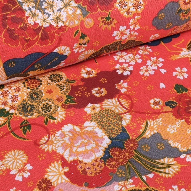 Tissu Coton imprimé Fleurs Japonaises fond Corail vendu Par 10 cm