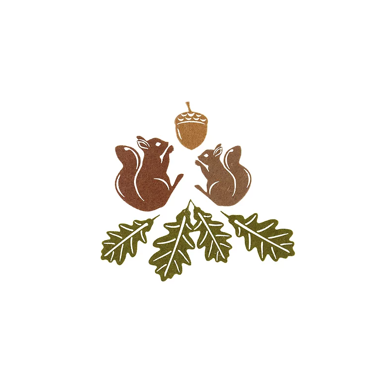Feutrine Automnale feuille/écureuil, marron-vert, 3–7 cm, 12 pièces