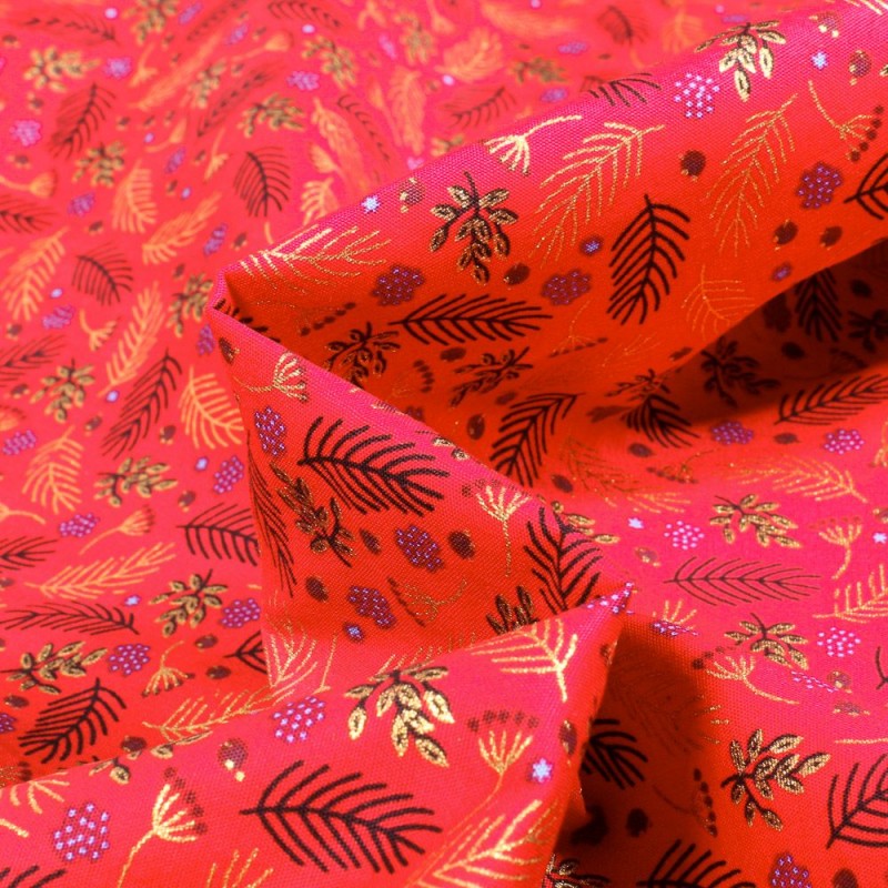Tissu Coton BIO GAMM Houx de noël sur fond Rouge - Par 10 cm
