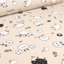 Tissu Toile de Coton Moutons black&white s/Beige - Par 10 cm