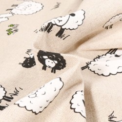 Tissu Toile de Coton Moutons black&white s/Beige - Par 10 cm