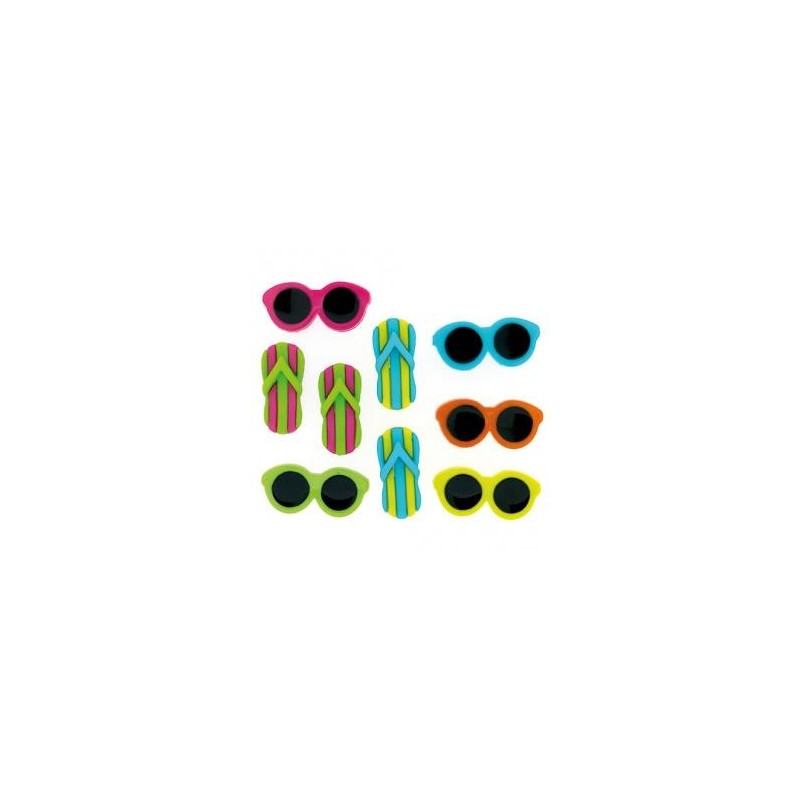 Boutons - Tongues et lunettes "Vive les Vacances" (sachet 9 pièces) Boutons - Tongues et lunettes "Vive les Vacances" (sachet 9 pièces)