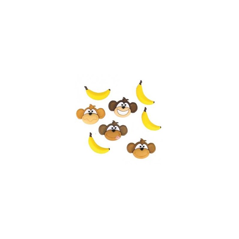 Boutons - Têtes de singe et bananes (sachet 8 pièces : 4 + 4)