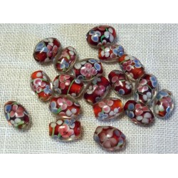 Perles Rétro anciennes Rouge/Rose fleuries en Verre  (vendue à l'unité)