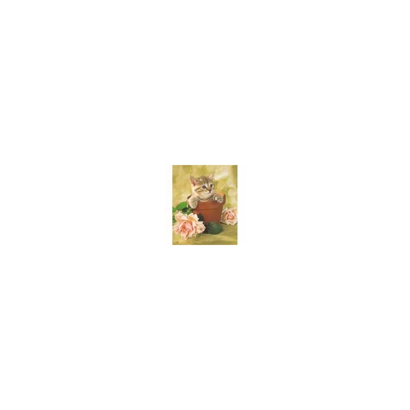 Image 3 D  "Chaton et pot de Fleur" 24 cm x 30 cm Tableau avec la Technique du 3 D