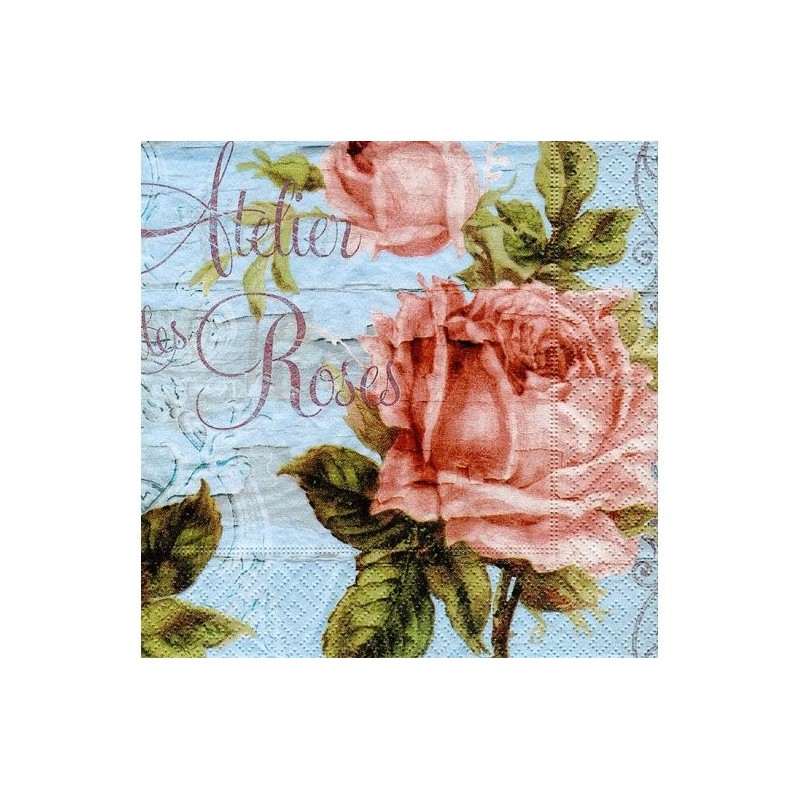 Serviette en papier motifs : "Atelier Roses"  (vendue à l'unité)
